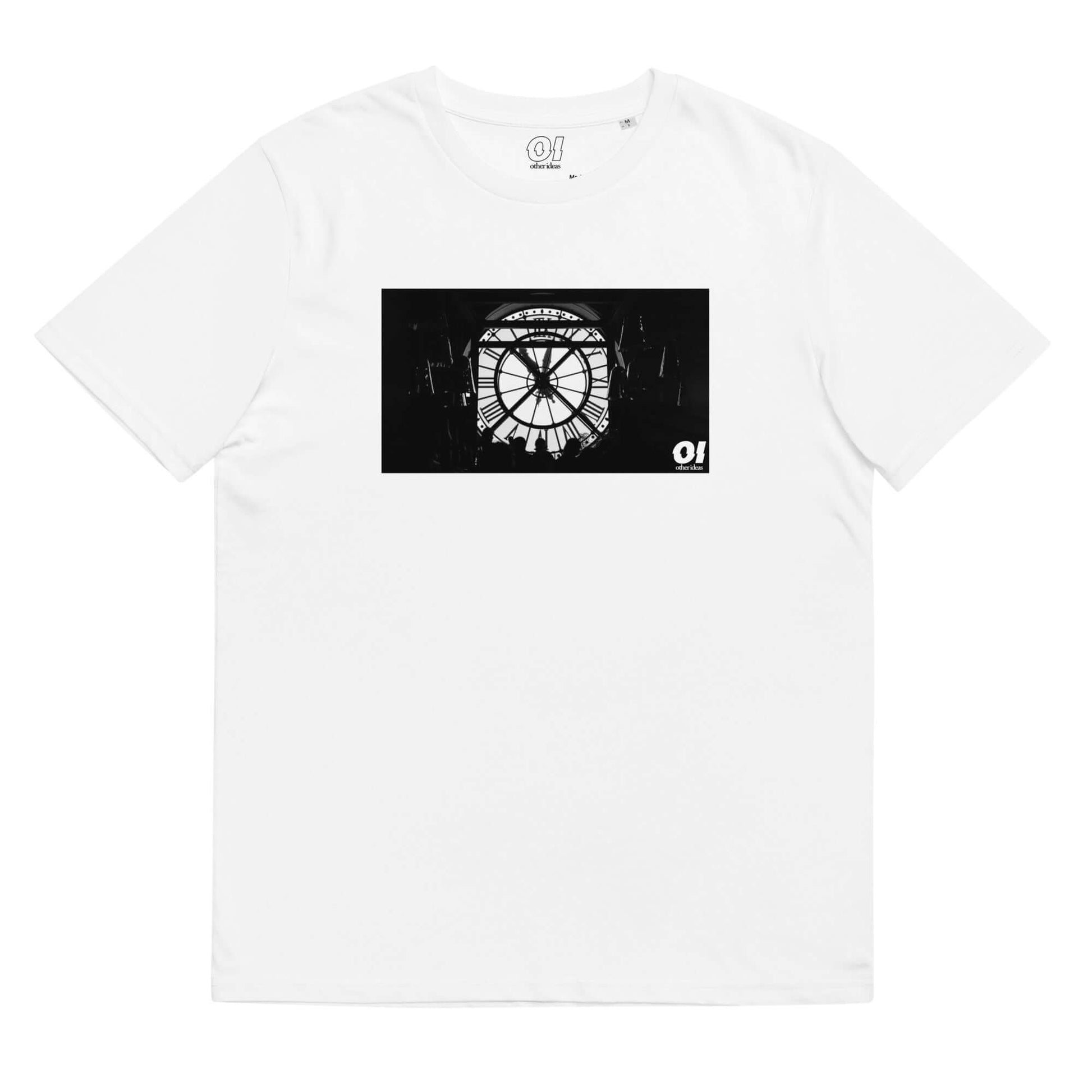 other ideas eco streetwear sustainable ethical clothing mens clock face musee d'orsay paris photo printed crewneck organic white cotton t-shirt flat front view