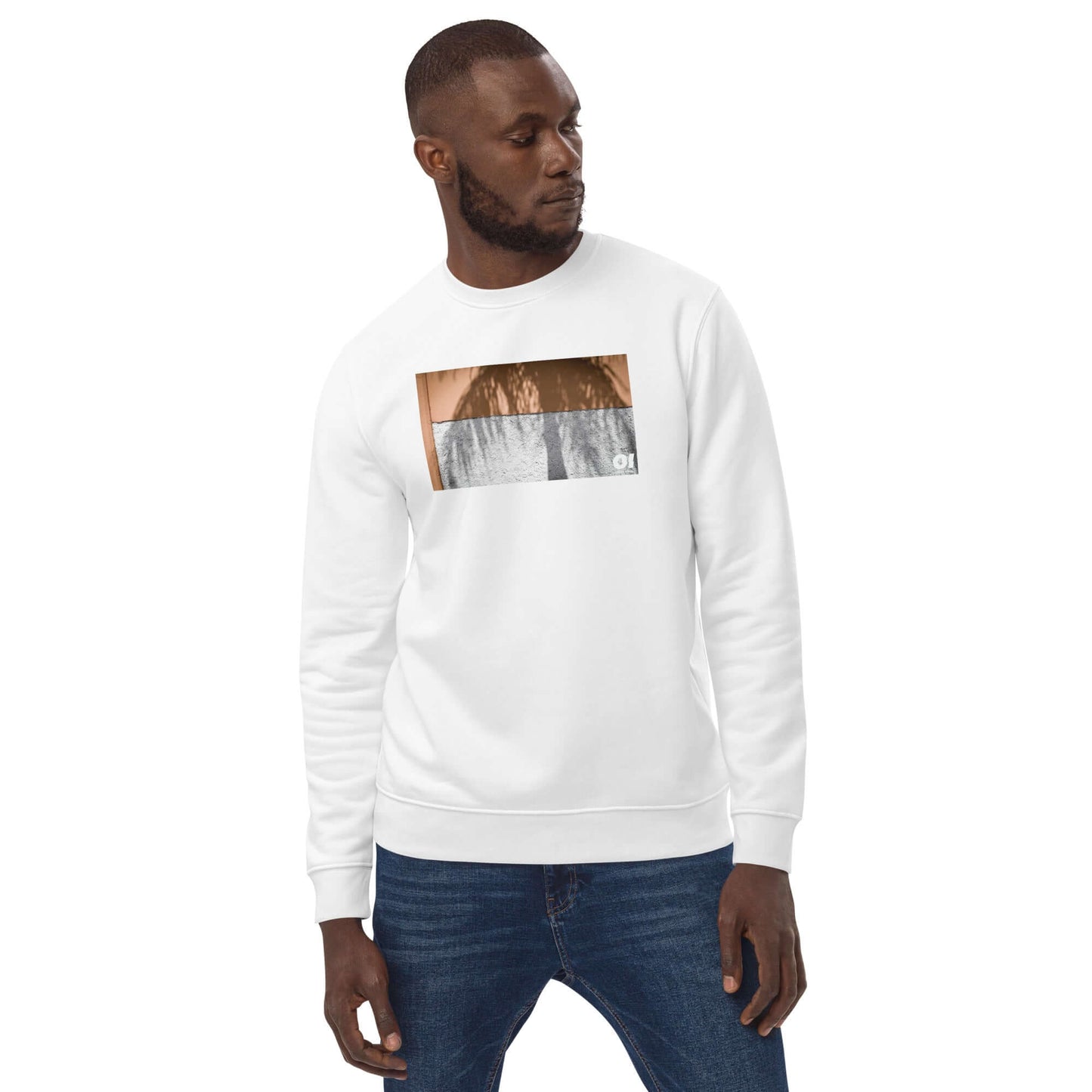 other ideas eco streetwear ethical clothing men's classic sweatshirt with colour palm shadow photo print white organic cotton blend jersey sustainable slow fashion modelled front view