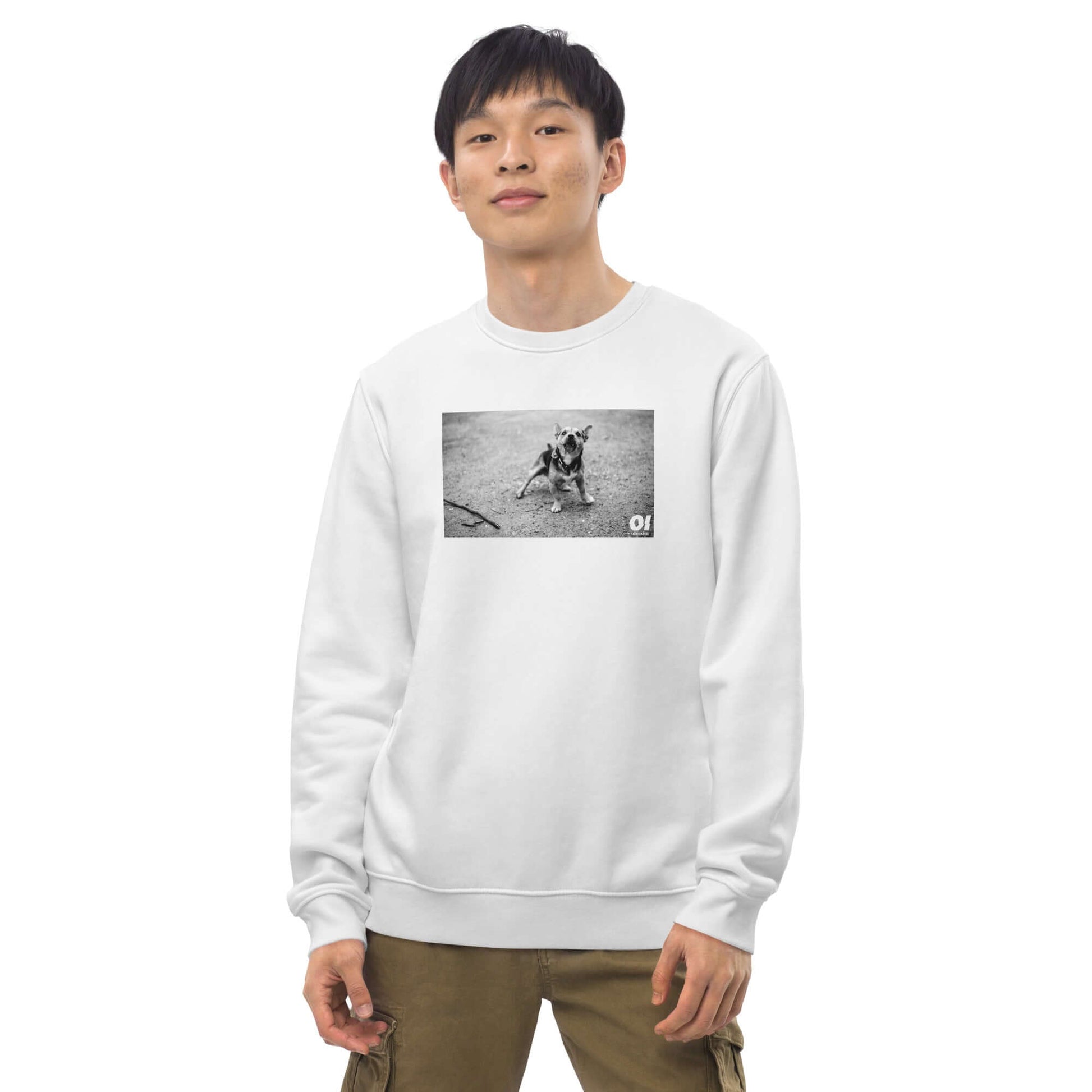 other ideas eco streetwear ethical clothing men's classic sweatshirt with dog photo print white organic cotton blend jersey sustainable slow fashion modelled front view