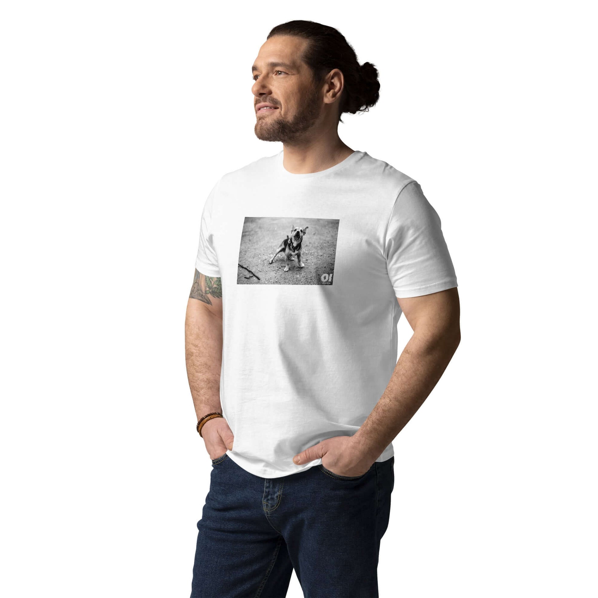 other ideas eco streetwear sustainable ethical clothing mens dog photo printed crewneck organic white cotton t-shirt modelled front view