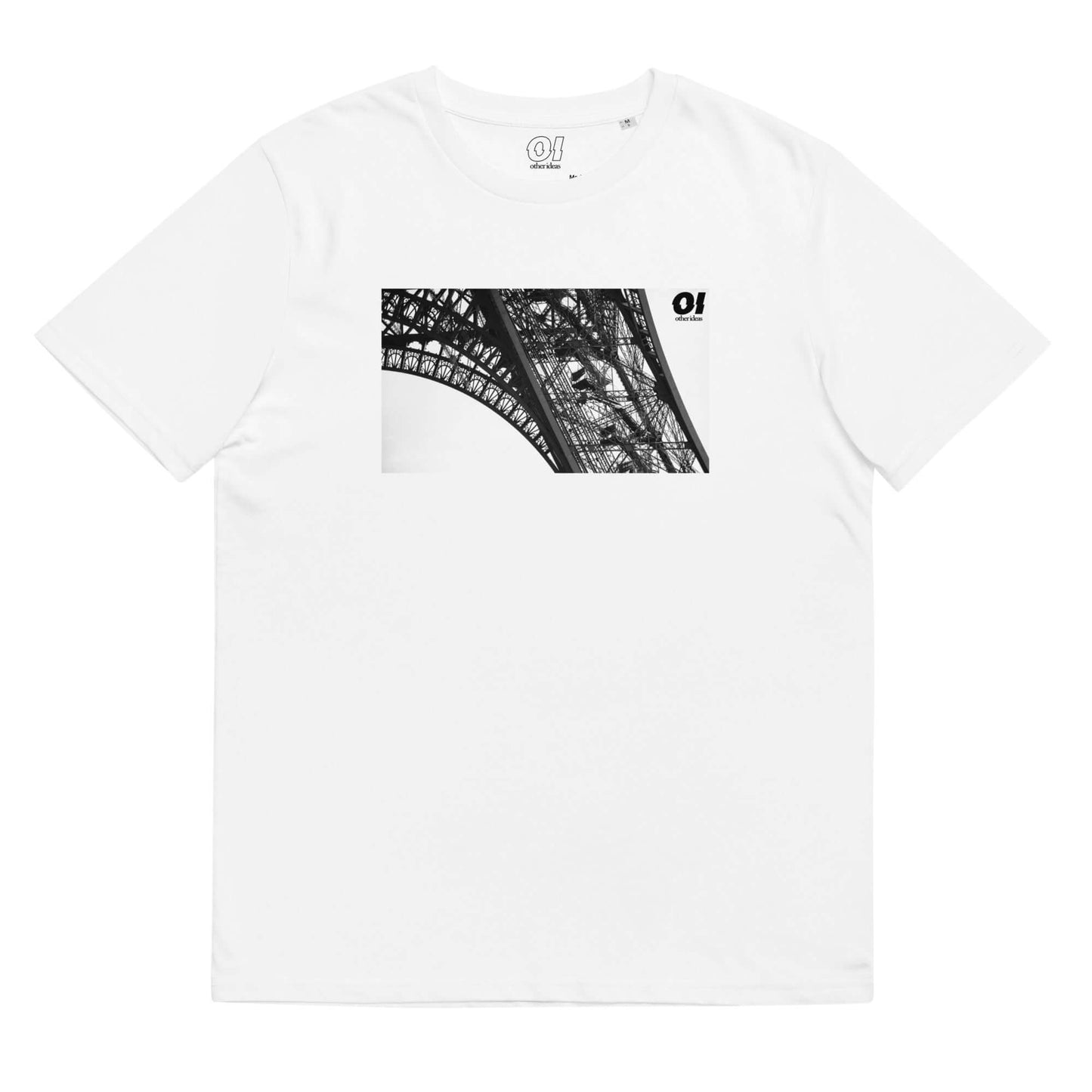 other ideas eco streetwear sustainable ethical clothing mens eiffel tower printed crewneck organic white cotton t-shirt flat front view