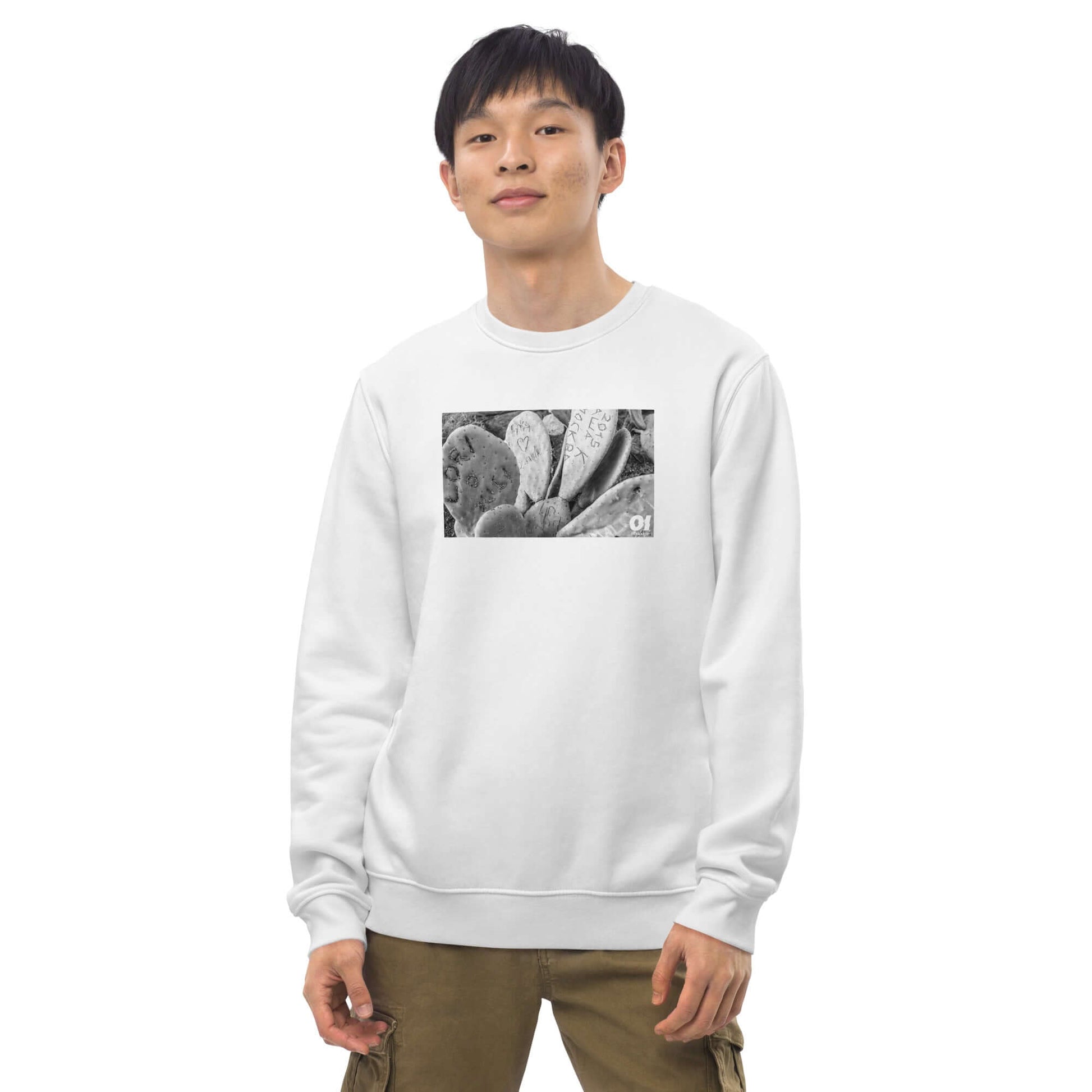 other ideas eco streetwear ethical clothing men's classic sweatshirt with graffiti cactus photo print white organic cotton blend jersey sustainable slow fashion modelled front view