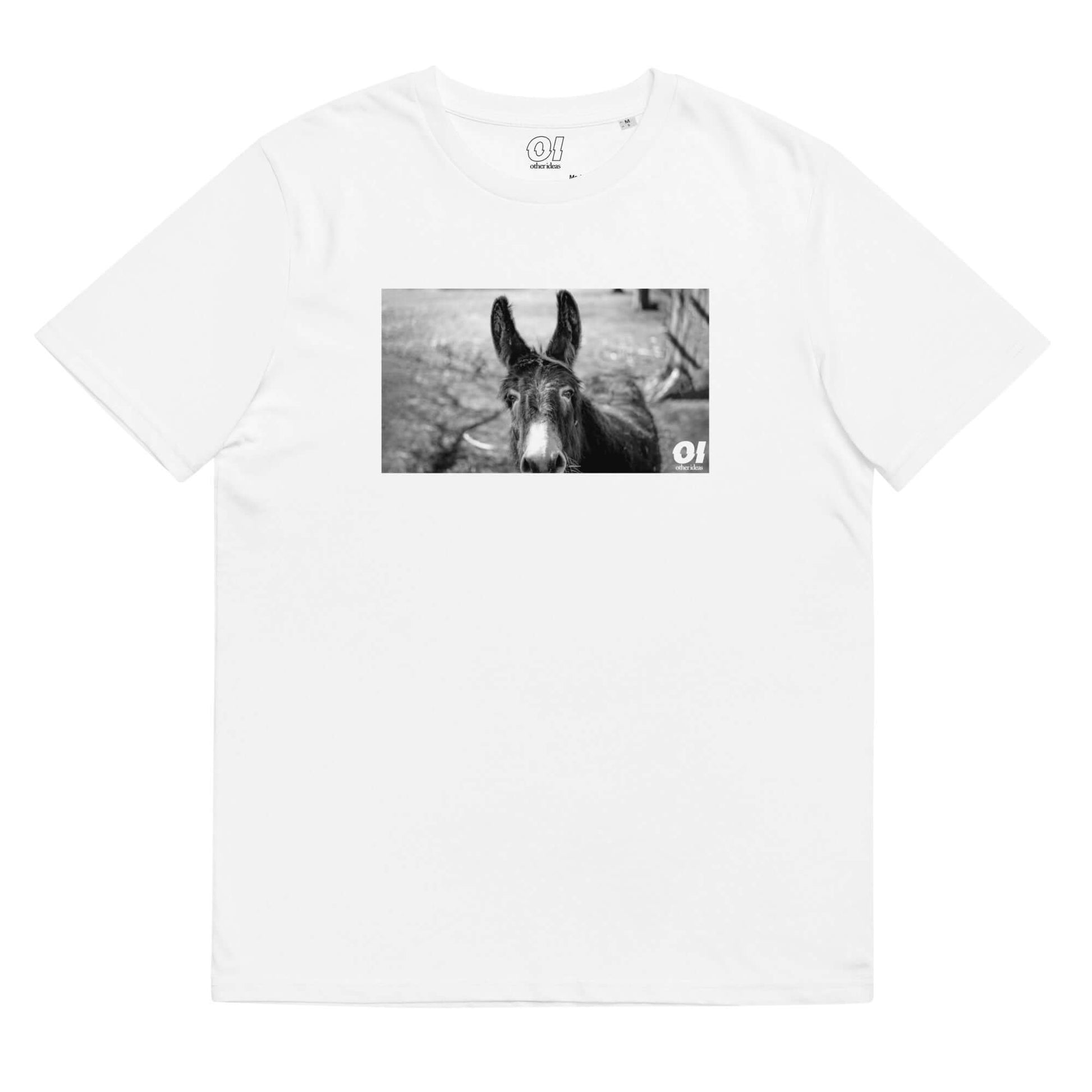 other ideas eco streetwear sustainable ethical clothing mens happy donkey printed crewneck organic white cotton t-shirt flat front view