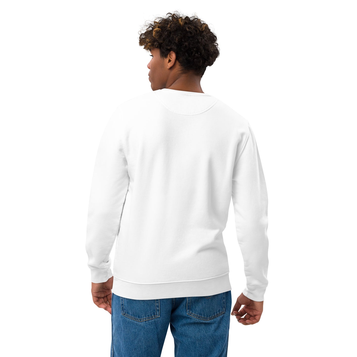 other ideas eco streetwear ethical clothing men's logo embroidered organic cotton blend jersey white sweatshirt sustainable slow fashion modelled back view