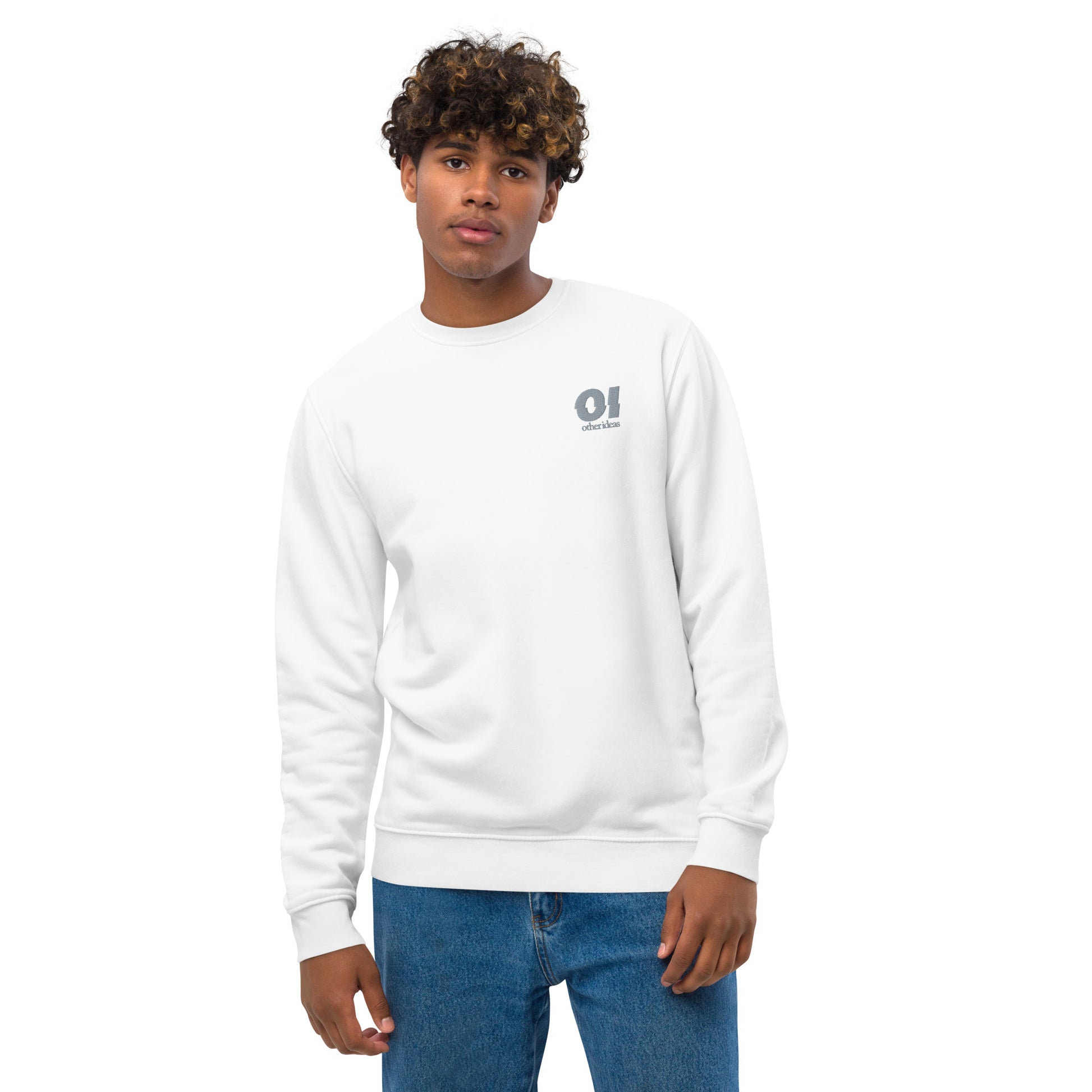 other ideas eco streetwear ethical clothing men's logo embroidered organic cotton blend jersey white sweatshirt sustainable slow fashion modelled front view