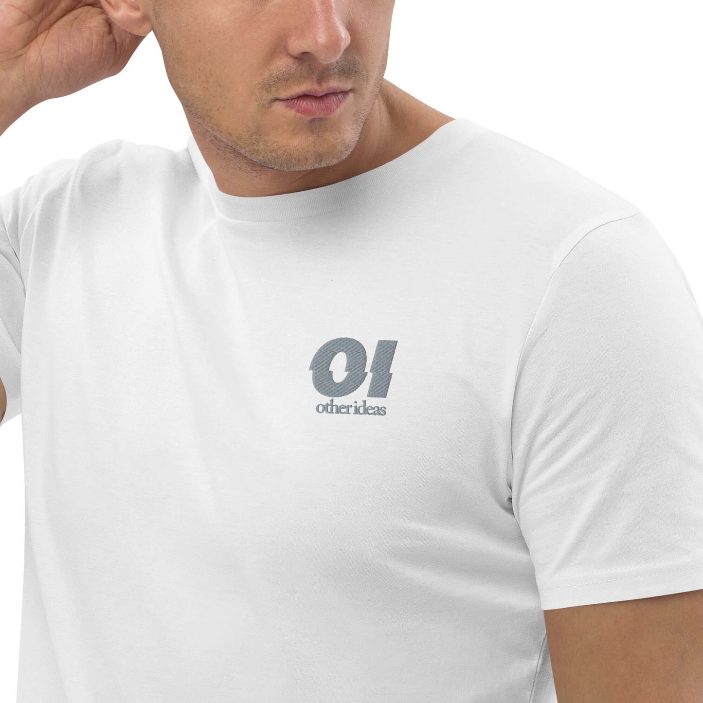 other ideas eco streetwear sustainable ethical clothing mens logo embroidered crewneck organic white cotton t-shirt modelled zoomed front view