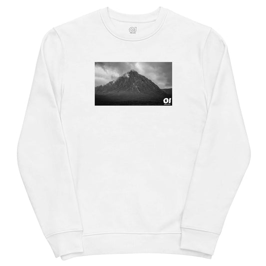 other ideas eco streetwear ethical clothing men's classic sweatshirt with mountain photo print white organic cotton blend jersey sustainable slow fashion flat front view