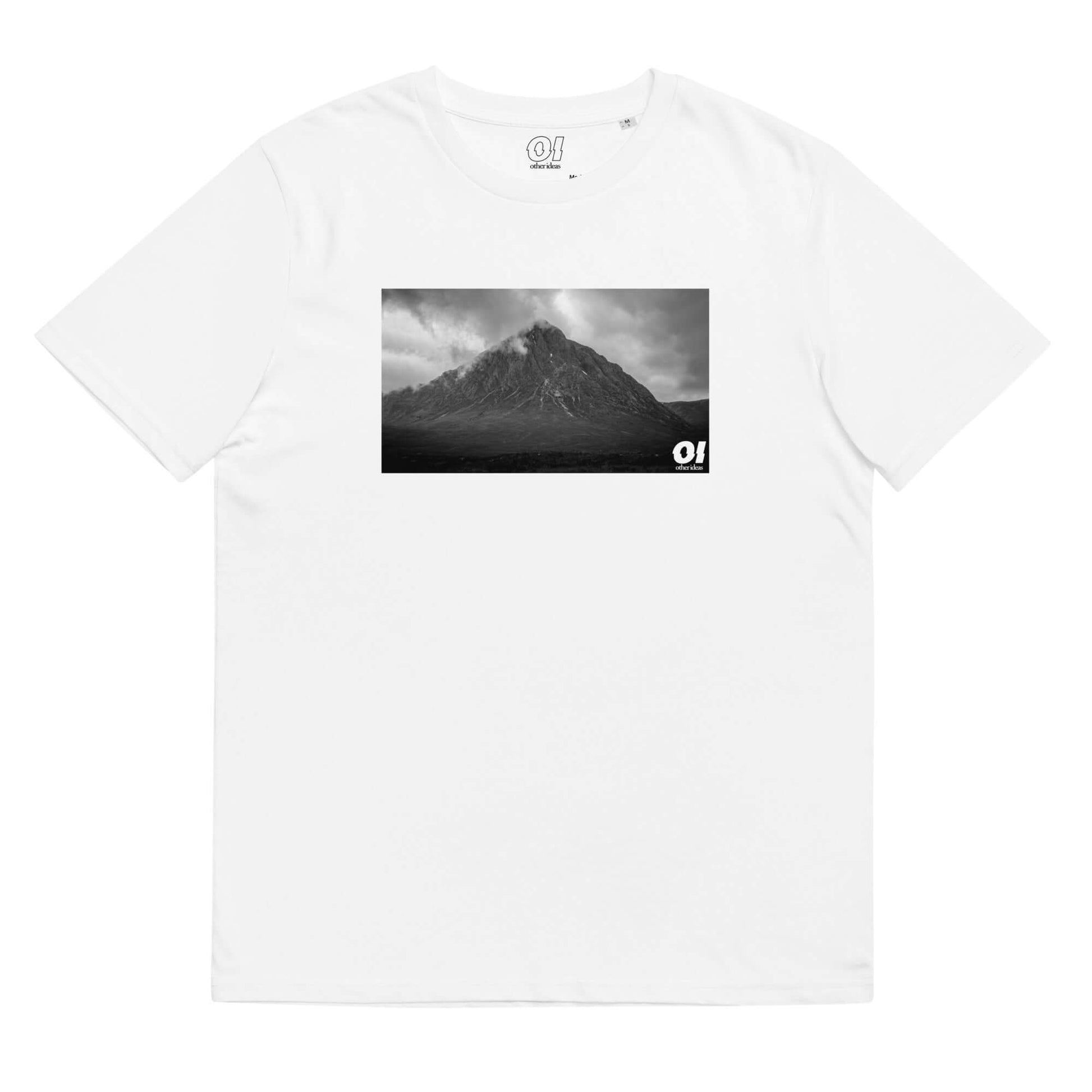 other ideas eco streetwear sustainable ethical clothing mens mountain photo printed crewneck organic white cotton t-shirt flat front view