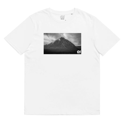 other ideas eco streetwear sustainable ethical clothing mens mountain photo printed crewneck organic white cotton t-shirt flat front view