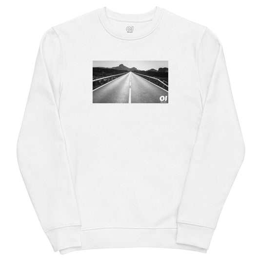 other ideas eco streetwear ethical clothing men's classic sweatshirt with open road photo print white organic cotton blend jersey sustainable slow fashion flat front view