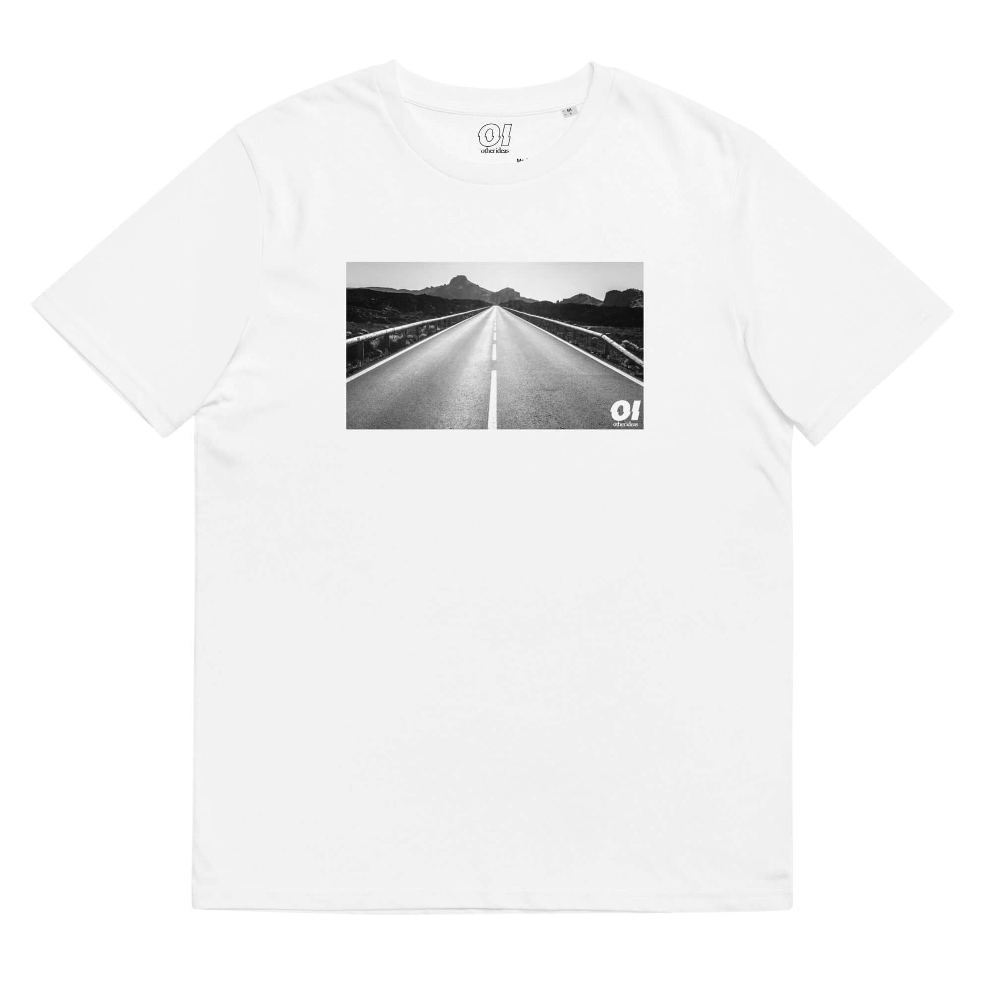 other ideas eco streetwear sustainable ethical clothing mens open road photo printed crewneck organic white cotton t-shirt flat front view