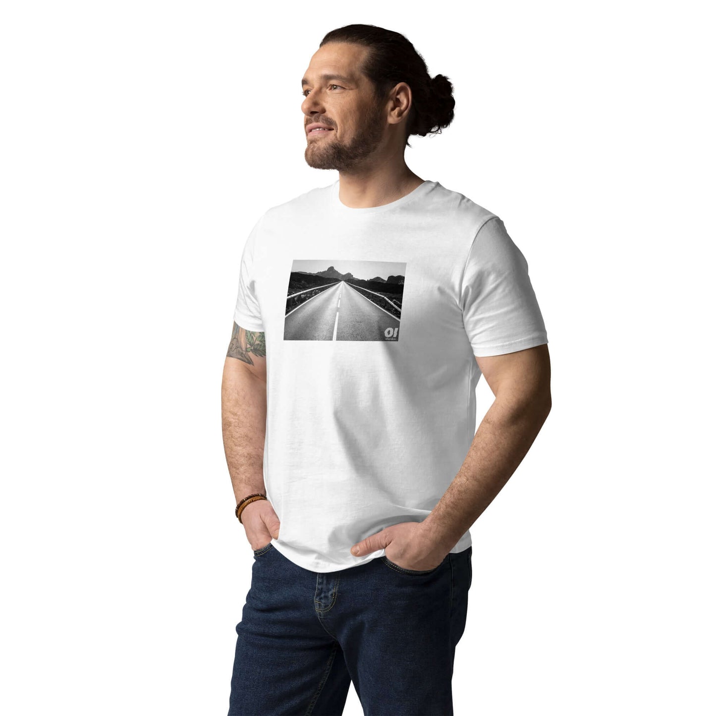 other ideas eco streetwear sustainable ethical clothing mens open road photo printed crewneck organic white cotton t-shirt modelled front view