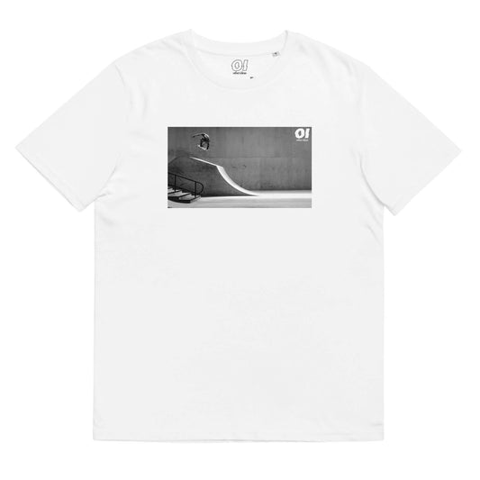 other ideas eco streetwear sustainable ethical clothing mens skateboarding photo "Air" printed crewneck organic white cotton t-shirt flat front view