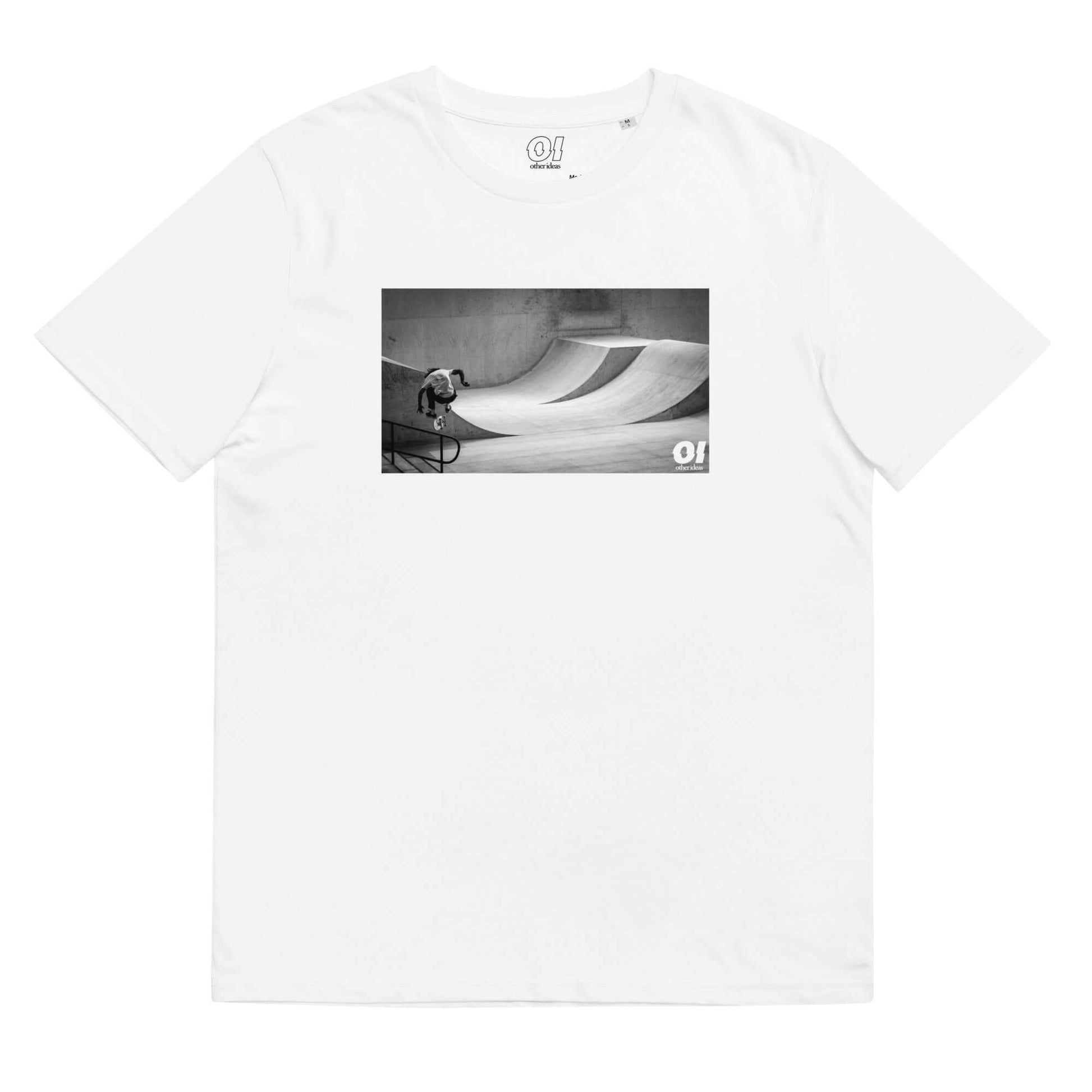 other ideas eco streetwear sustainable ethical clothing mens skateboarding photo "Jump" printed crewneck organic white cotton t-shirt flat front view