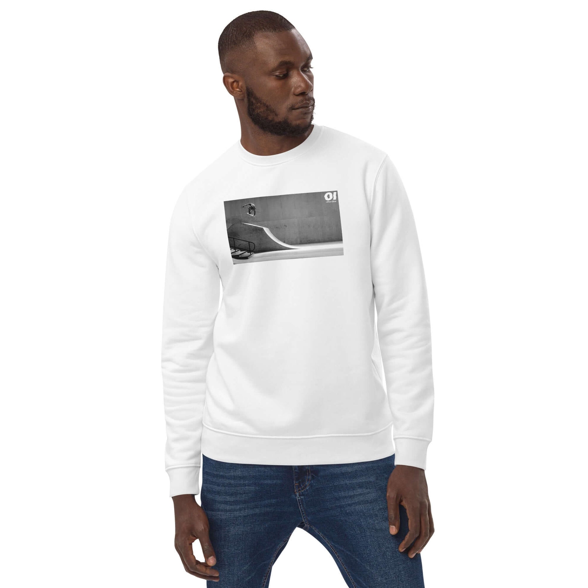 other ideas eco streetwear ethical clothing men's classic sweatshirt with skateboarding air photo print white organic cotton blend jersey sustainable slow fashion modelled front view