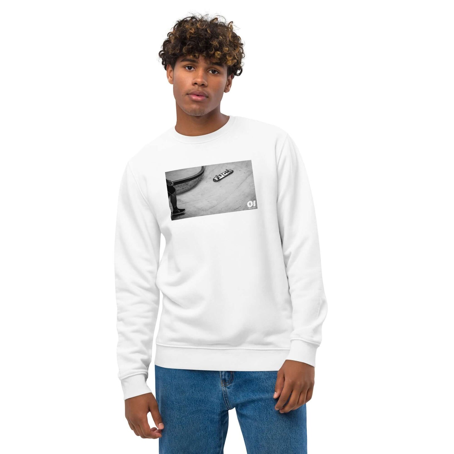 other ideas eco streetwear ethical clothing men's classic sweatshirt with skateboarding fuck photo print white organic cotton blend jersey sustainable slow fashion modelled front view