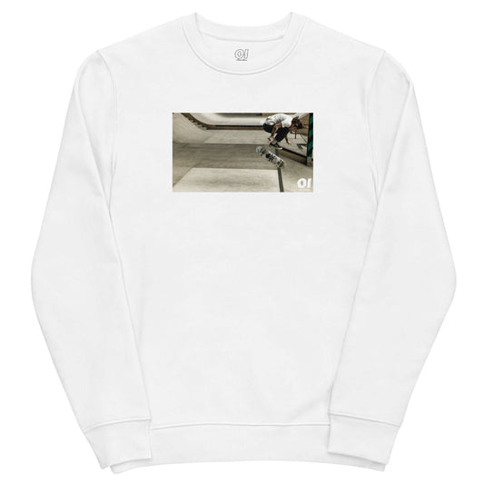 other ideas eco streetwear ethical clothing men's skateboarding ollie flip photo printed organic cotton blend jersey white sweatshirt sustainable slow fashion flat front view