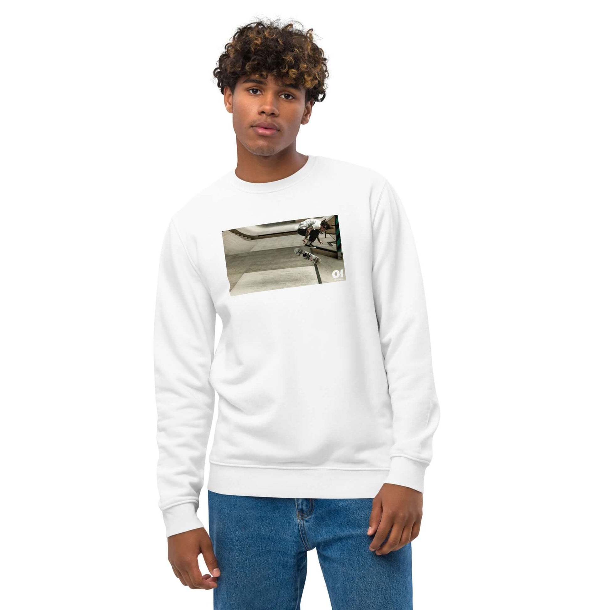 other ideas eco streetwear ethical clothing men's skateboarding ollie flip photo printed organic cotton blend jersey white sweatshirt sustainable slow fashion modelled front view