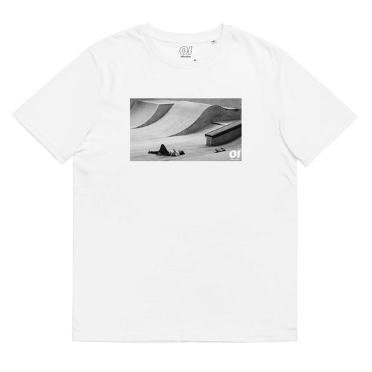 other ideas eco streetwear sustainable ethical clothing mens skateboarding photo "Fall" printed crewneck organic white cotton t-shirt flat front view