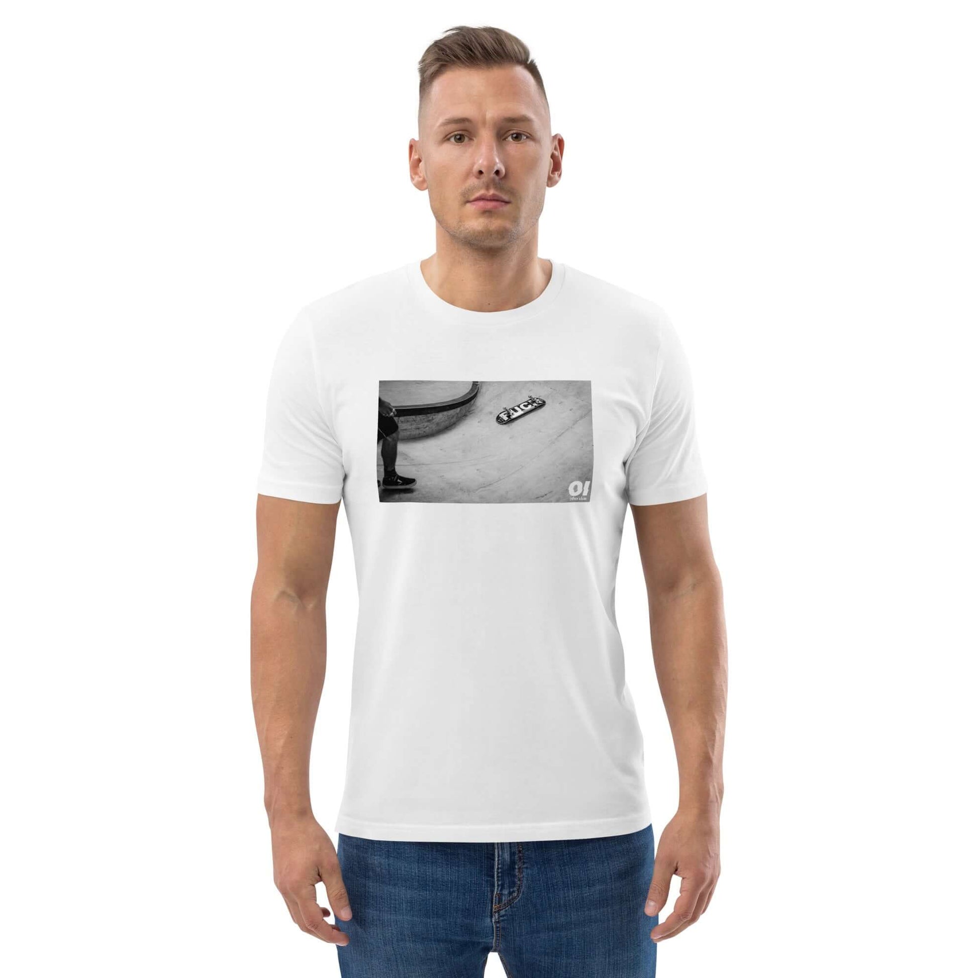 other ideas eco streetwear sustainable ethical clothing mens skateboarding photo "F*ck" printed crewneck organic white cotton t-shirt modelled front view