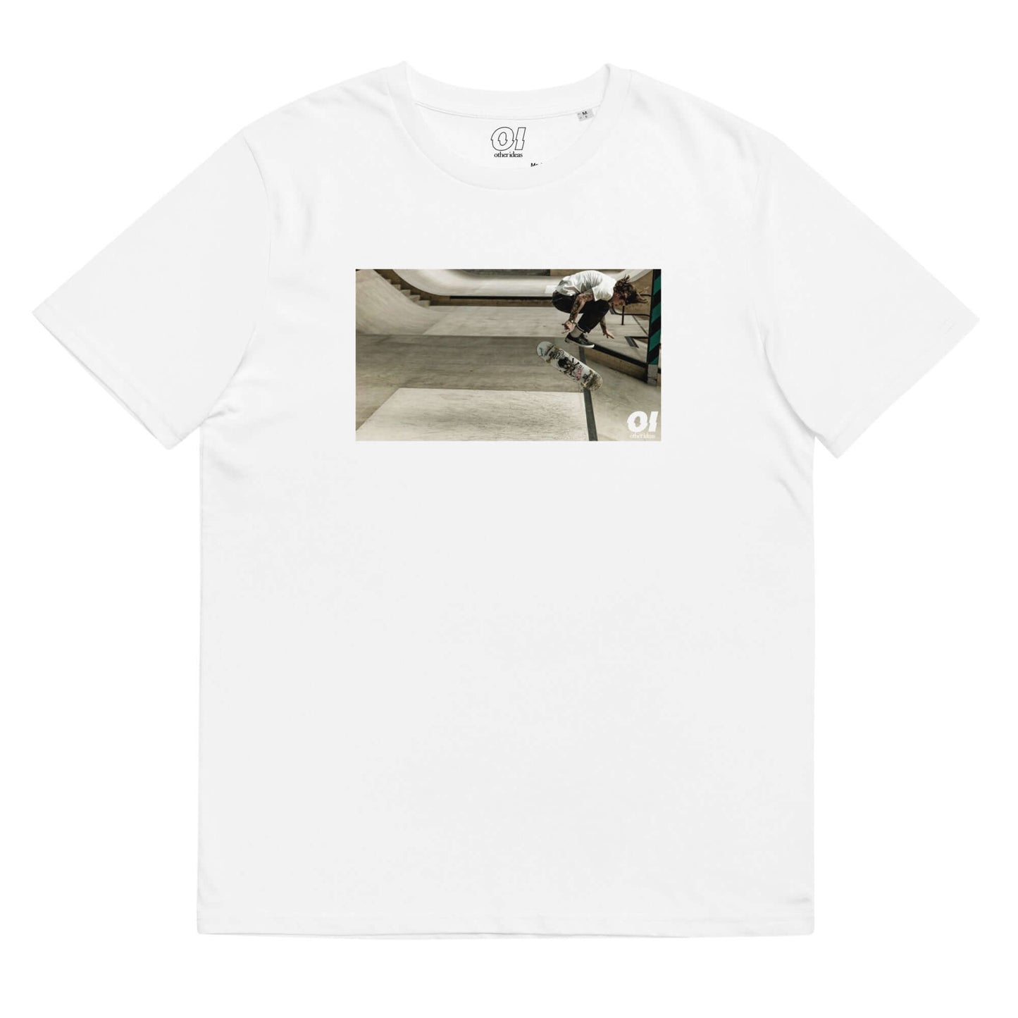 other ideas eco streetwear sustainable ethical clothing mens skateboarding photo "Ollie Flip" printed crewneck organic white cotton t-shirt flat front view