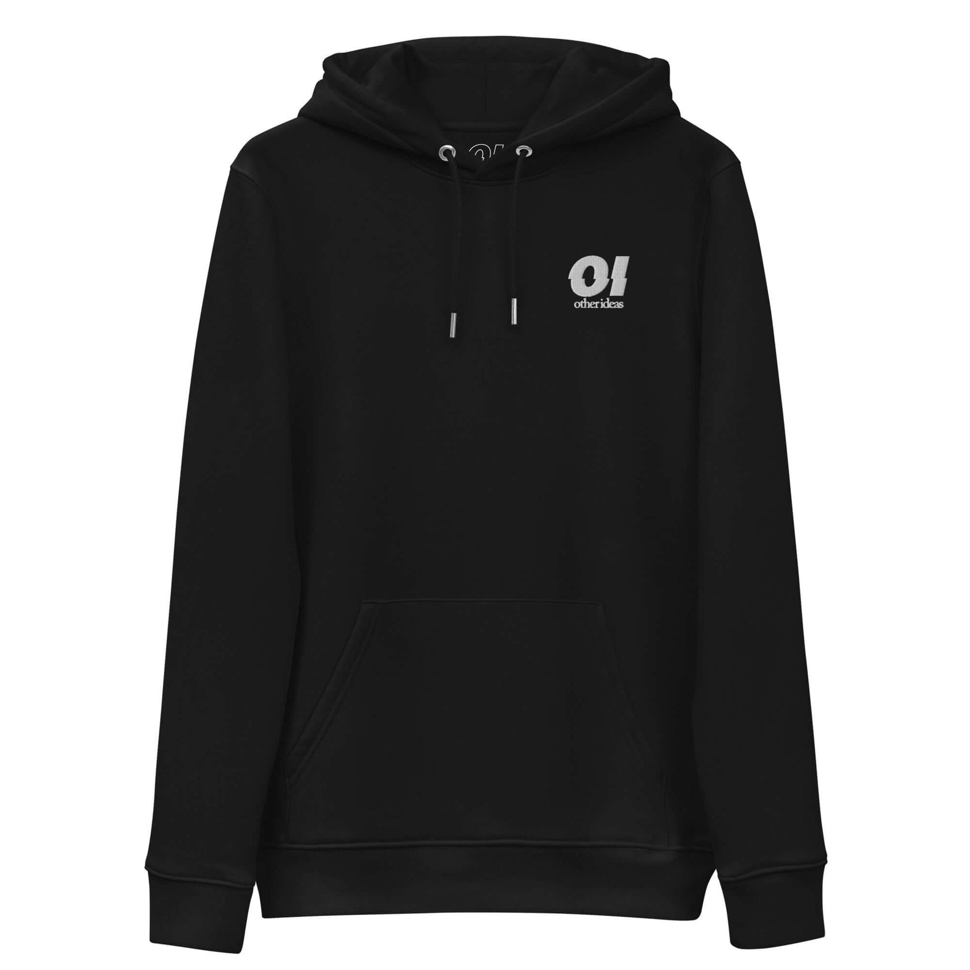 other ideas eco streetwear men's black sweatshirt hoodie logo embroidered organic cotton blend jersey sustainable slow fashion flat front view with hood down