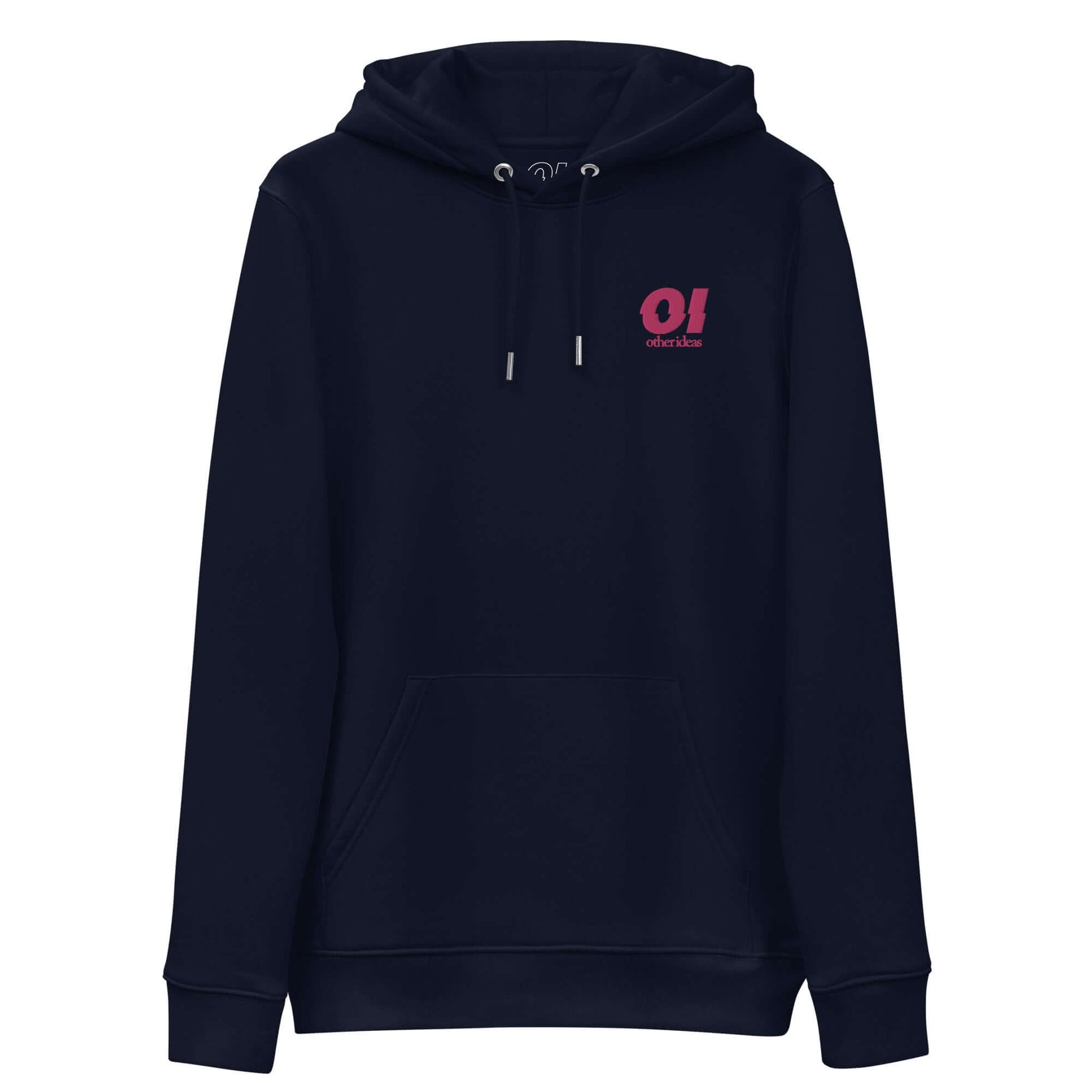 other ideas eco streetwear men's french navy blue sweatshirt hoodie flamingo pink logo embroidered organic cotton blend jersey sustainable slow fashion flat front view with hood down