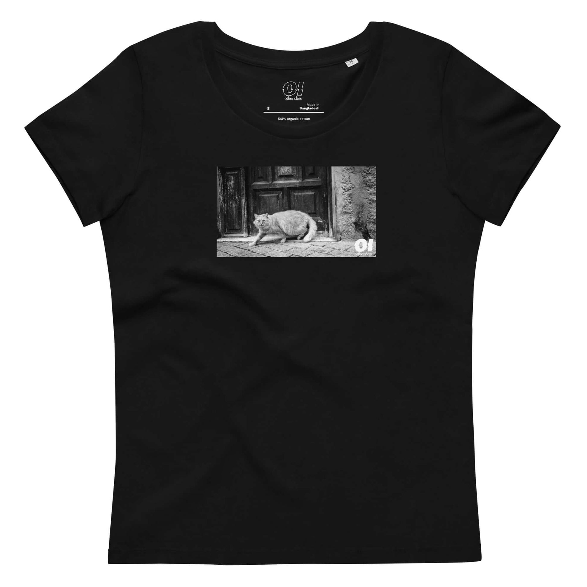 other ideas eco streetwear women's fitted black cat photo print crewneck organic cotton t-shirt sustainable slow fashion