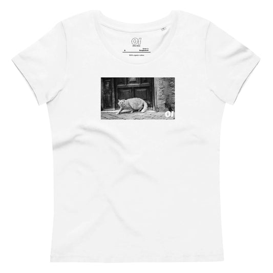 other ideas eco streetwear women's fitted white cat photo print crewneck organic cotton t-shirt sustainable slow fashion