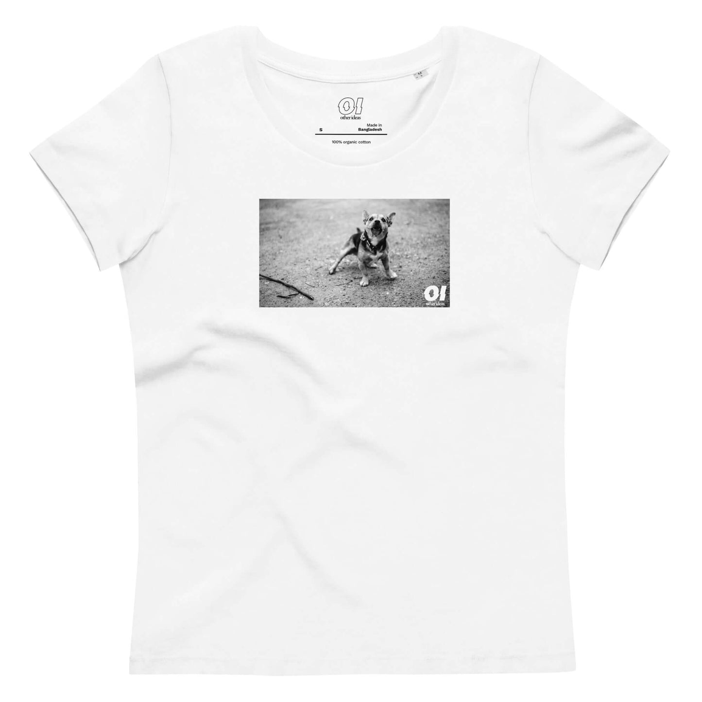 other ideas eco streetwear women's fitted white dog photo print crewneck organic cotton t-shirt sustainable slow fashion